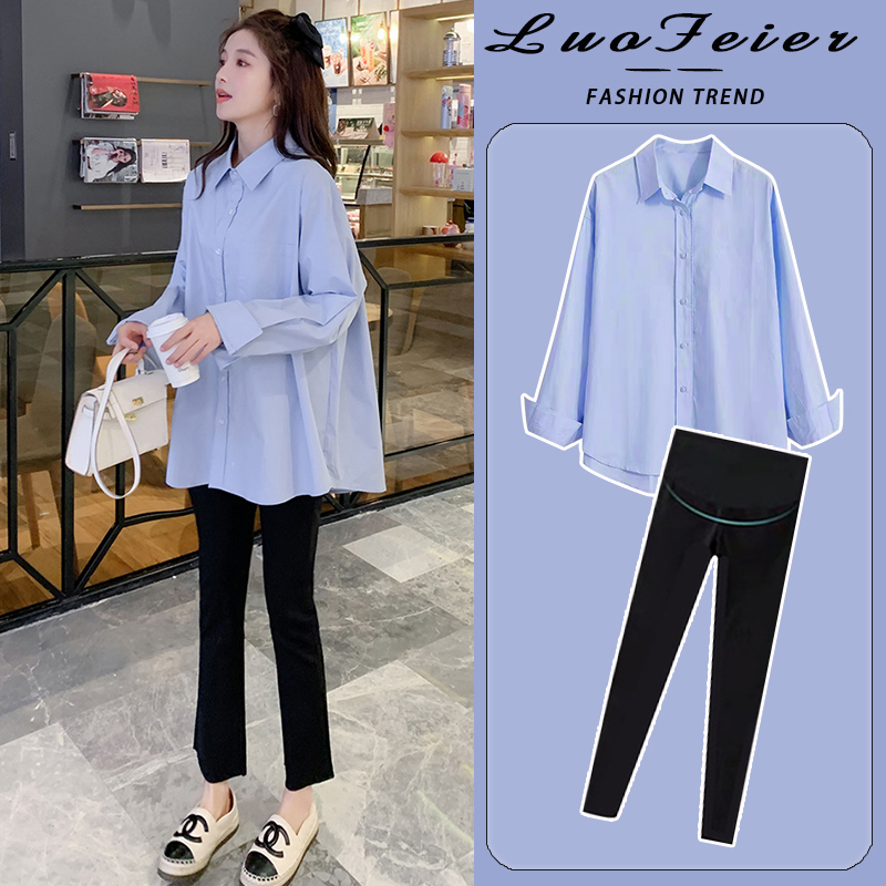 孕妇套装时尚洋气时髦202u3新款外出产检白色衬衣上衣两件套春秋