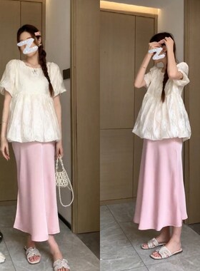 时尚孕妇装2024夏季新款方领气质短袖上衣纯色开衩半身裙女两件套
