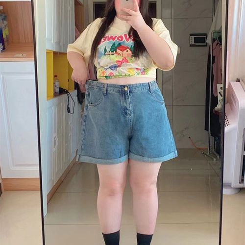 200-300斤特大码显瘦牛仔短裤女夏季胖mm宽松阔腿百搭卷边中裤子