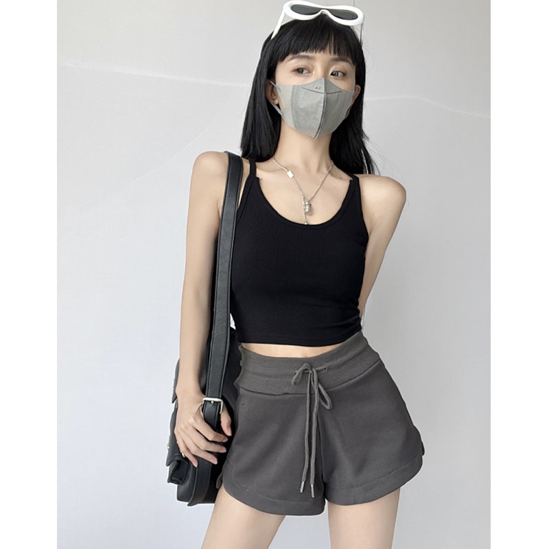 正确版街头辣妹风抽n绳运动短裤女夏瑜伽健身高腰三分裤小个子热