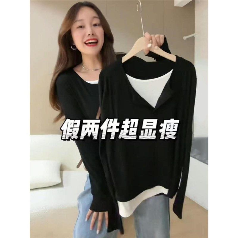 假两件针织衫女2024春秋新款宽松休闲胖MM大码内搭长袖打底衫上衣