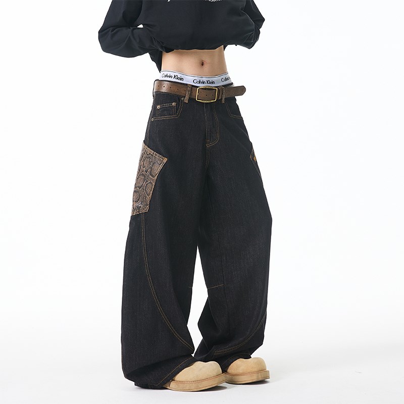 美式复古a蟒纹拼接大口袋工装牛仔裤男潮牌设计感弯刀裤子直筒长