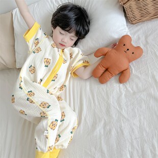 2024夏季新款儿童泡泡纱布前4后2短袖长裤睡袋宝宝A类无骨连体衣