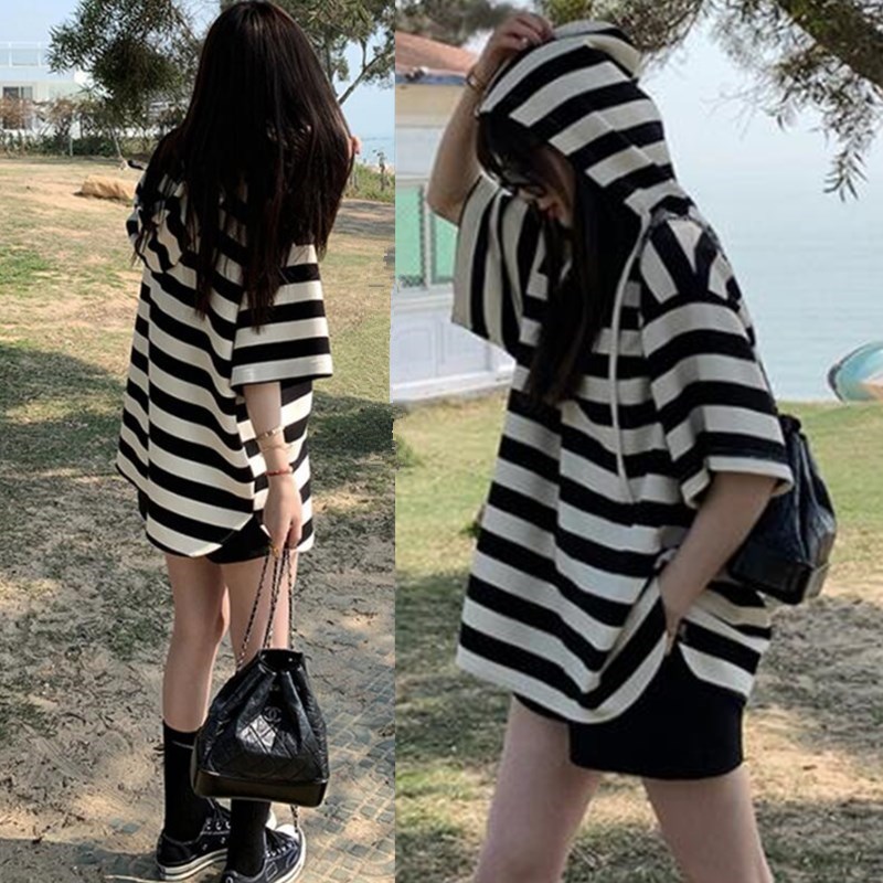 孕妇上衣夏装宽松连帽短袖t恤女夏季薄款休闲Q短裤子套装夏款外穿