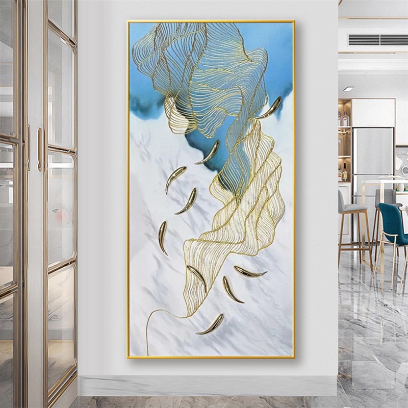 手绘轻奢a玄关装饰画入户现代抽象立体金线油画九鱼图过道竖版挂图片
