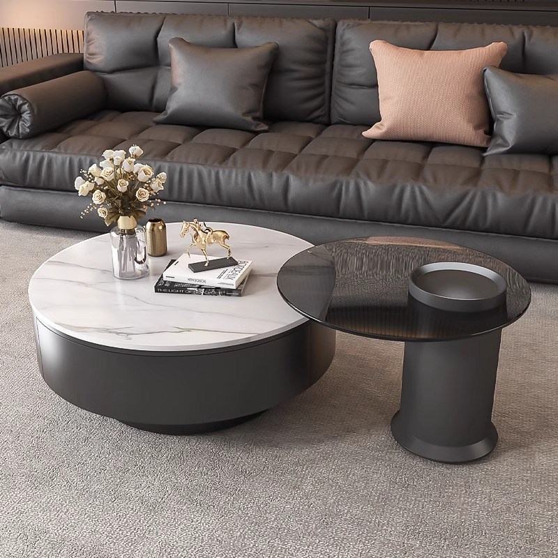 意式轻奢极简岩板茶几现代小户型客厅家用茶玻茶桌大小圆茶几组合