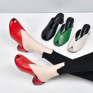 真皮拖鞋 百搭粗跟中跟鱼嘴凉拖半托单 女夏外穿软底p牛皮新款 时尚