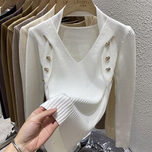 针织衫上衣女秋冬设计感r小众内搭洋气打底衫V领挂脖镂空加厚毛衣