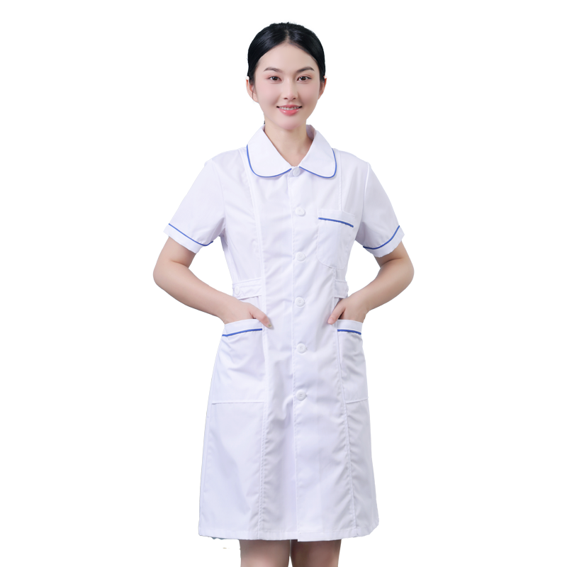 护士服女款短袖夏薄款白大褂圆领加蓝边口腔诊所医学生实习工作服