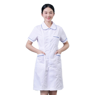 护士服女款短袖夏薄款白大褂圆领加蓝边口腔诊所医学生实习工作服
