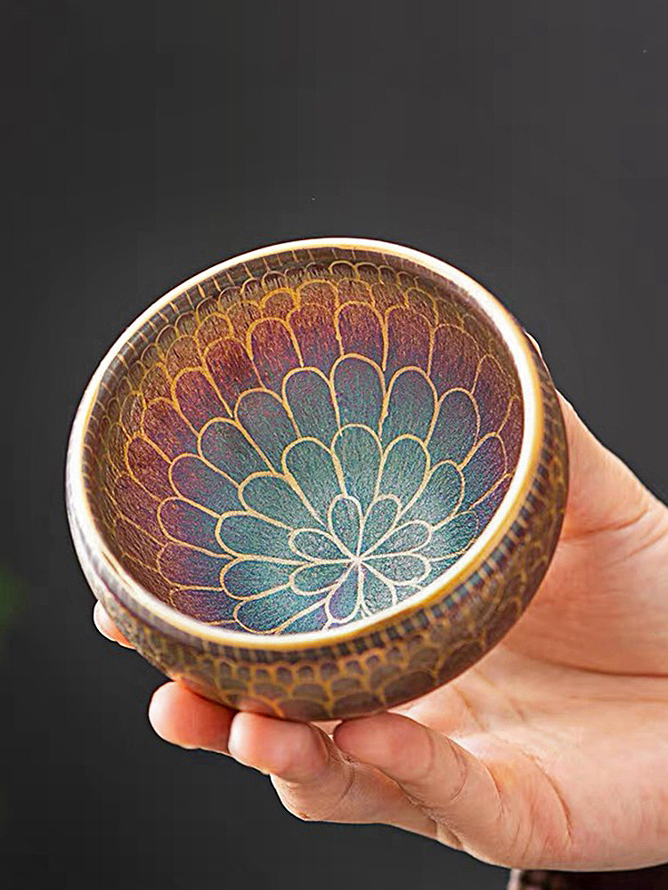 粉色七彩佛莲杯鎏金盏杯建阳建盏茶盏主人杯茶杯金盏莲花杯大师级