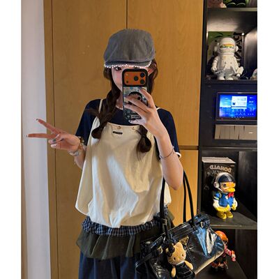 CHACHA【西西里邂逅】休闲时尚百搭真两件套米色背心花苞T恤