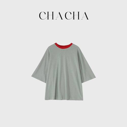 CHACHA【薄荷奶绿】休闲时尚百搭薄荷绿撞红领口T恤