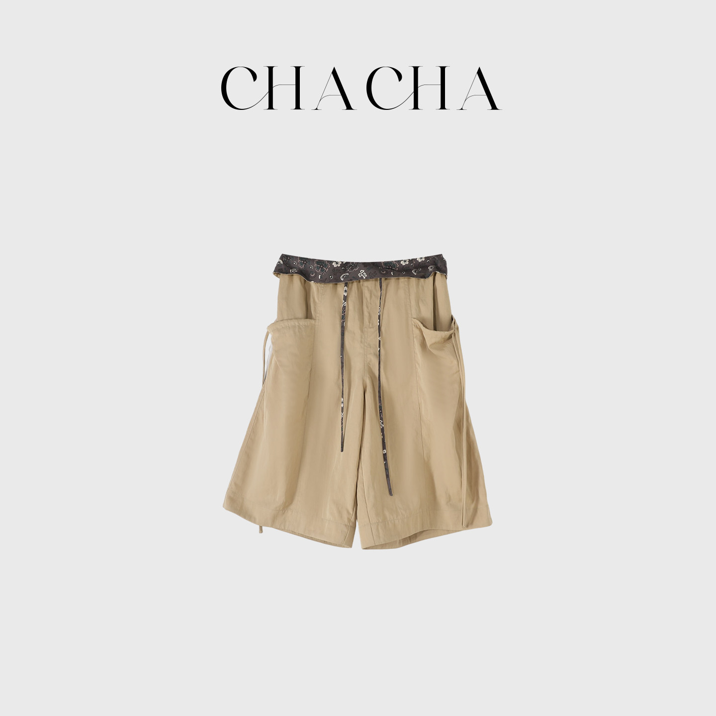 CHACHA【青岚揽月】休闲时尚百搭腰果花拼腰头卡其色七分裤