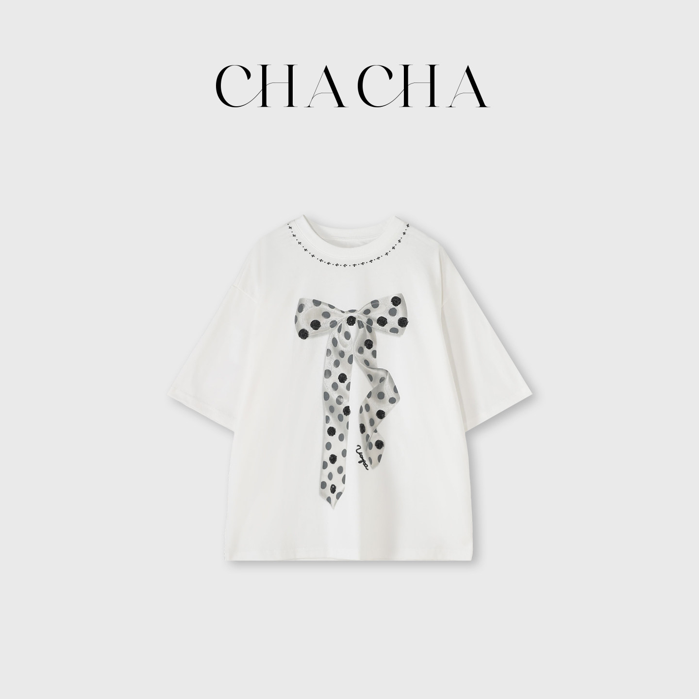 CHACHA【星蝶漫语】休闲时尚百搭波点蝴蝶结T恤