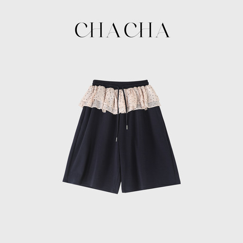CHACHA【波点花边裤】休闲时尚百搭粉色波点拼接藏青色七分裤