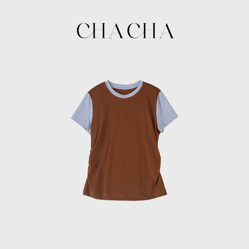 CHACHA【咖蓝撞色】休闲时尚百搭咖色撞蓝色t恤
