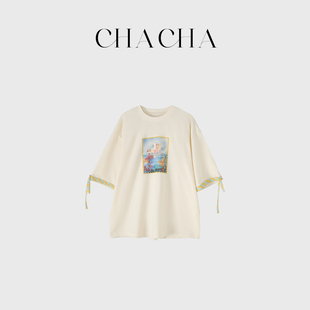 CHACHA【奶白海趣】休闲时尚百搭米色拼条纹袖T恤