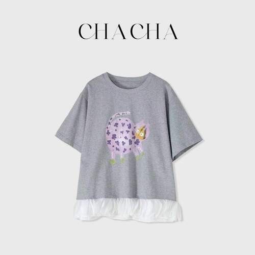 CHACHA【星点萌猫】休闲时尚百搭紫色小猫花边T恤