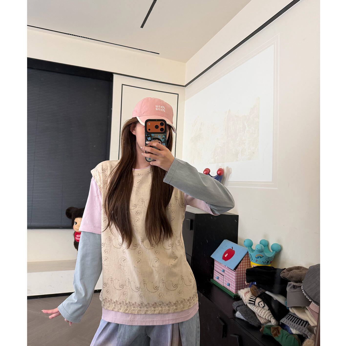 CHACHA【腰果花】休闲时尚百搭米色假两件T恤