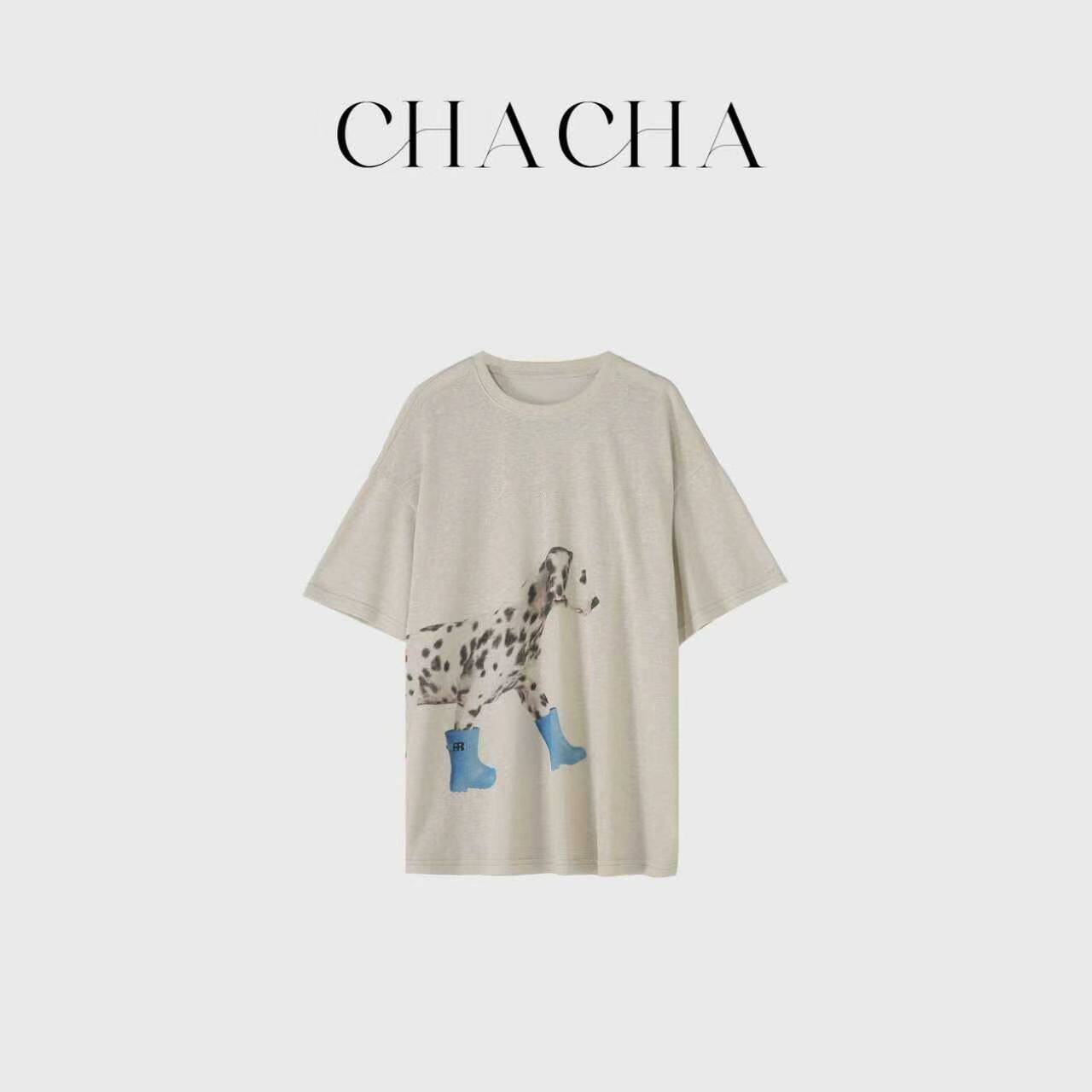 CHACHA【斑点小狗】休闲时尚百搭斑点蓝鞋子小狗印花T恤