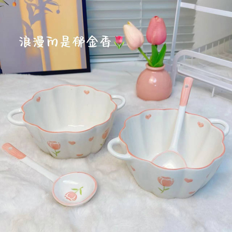 郁金香陶瓷双耳碗网红早餐沙拉碗烤碗创意泡面碗汤碗家用烘焙专用