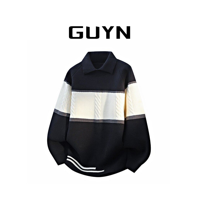品牌正品现货】GUYN简约翻领舒适撞色针织衫秋冬透气男装潮流毛衣