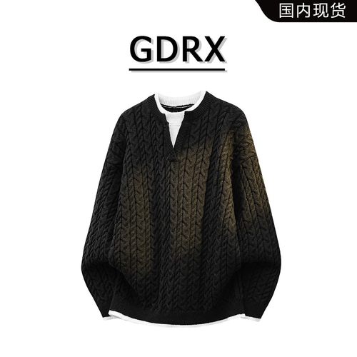 GDRX美式假两件毛衣男秋冬复古提花针织衫轻奢休闲时尚男生衣服