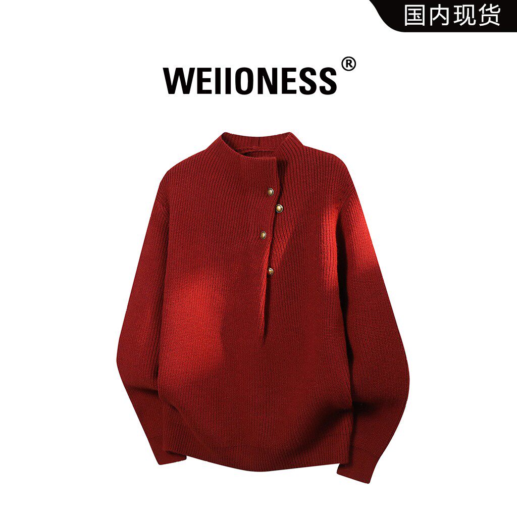 WEIIONESS潮流时尚毛衣男冬季红色本命年时尚针织衫痞帅男生衣服
