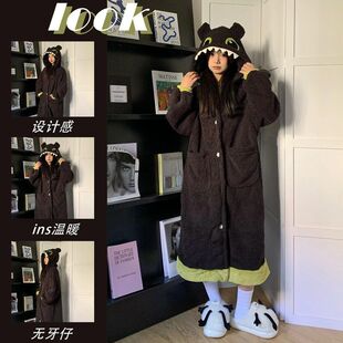 可爱无牙仔连帽珊瑚绒睡袍女冬季2025新款居家服睡衣加绒加厚套装