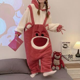 可爱卡通珊瑚绒草莓熊连体睡衣女2025年新款冬季加厚可外穿家居服