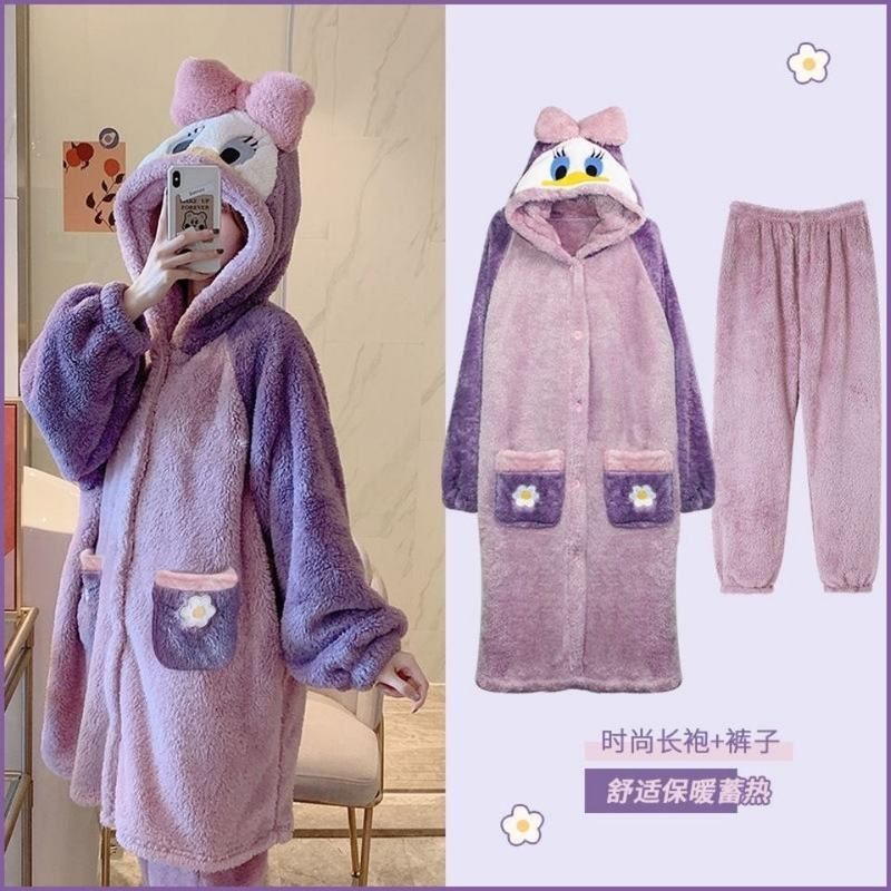 珊瑚绒唐老鸭长毛绒冬季加厚睡袍长款家居服卡通睡衣连帽
