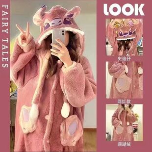 帕恰狗珊瑚绒睡衣休闲时尚加厚加大帽子款情侣新款美乐兔睡裙女