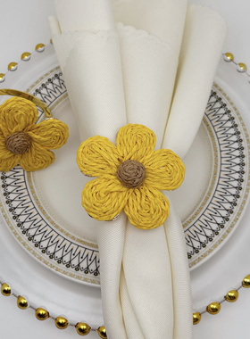 波西米亚手工拉菲草编织撞色花朵餐巾环重复使用婚礼派对庆祝晚餐