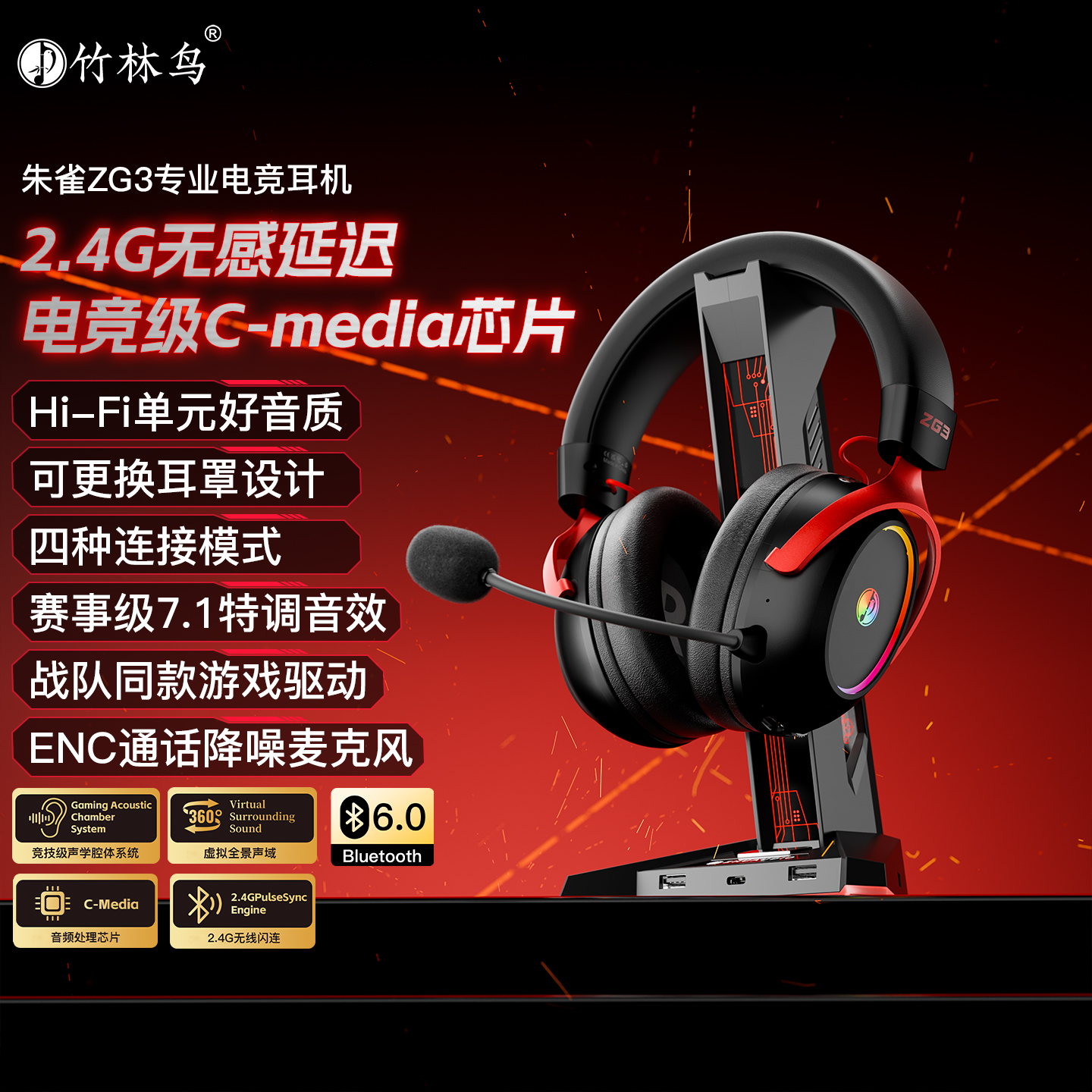 竹林鸟ZG3电竞游戏四模无线耳机