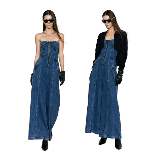 金裕贞同款拉链抹胸牛仔连体裤