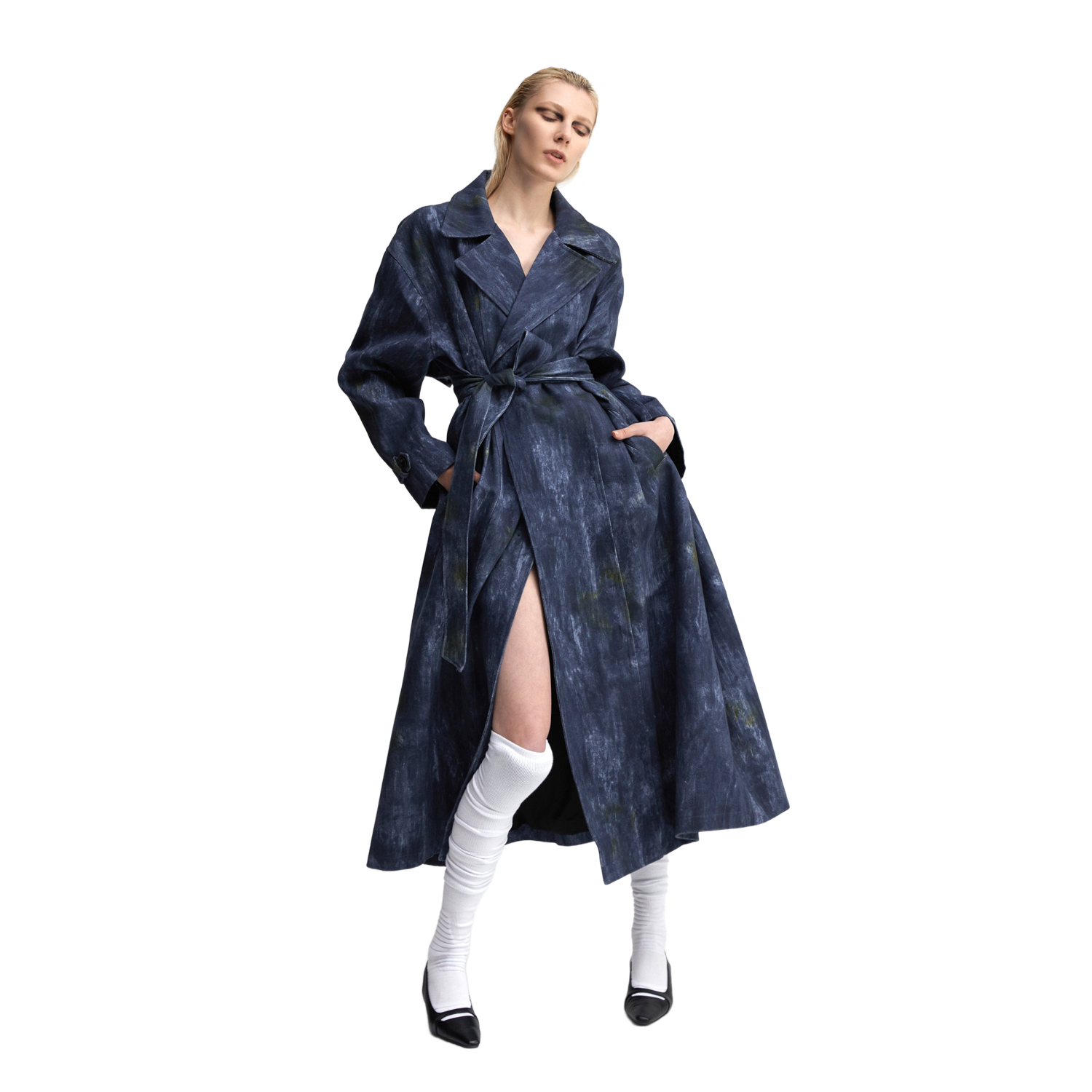 蓝色酸洗牛仔风衣外套可拆卸腰带