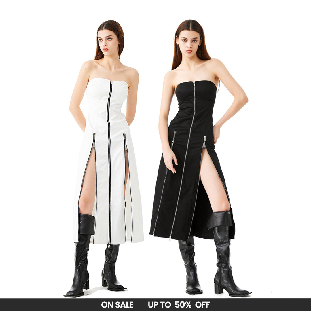 YJ1NGZYZJ 经典开衩拉链礼服裙连衣裙 黑色/白色图片