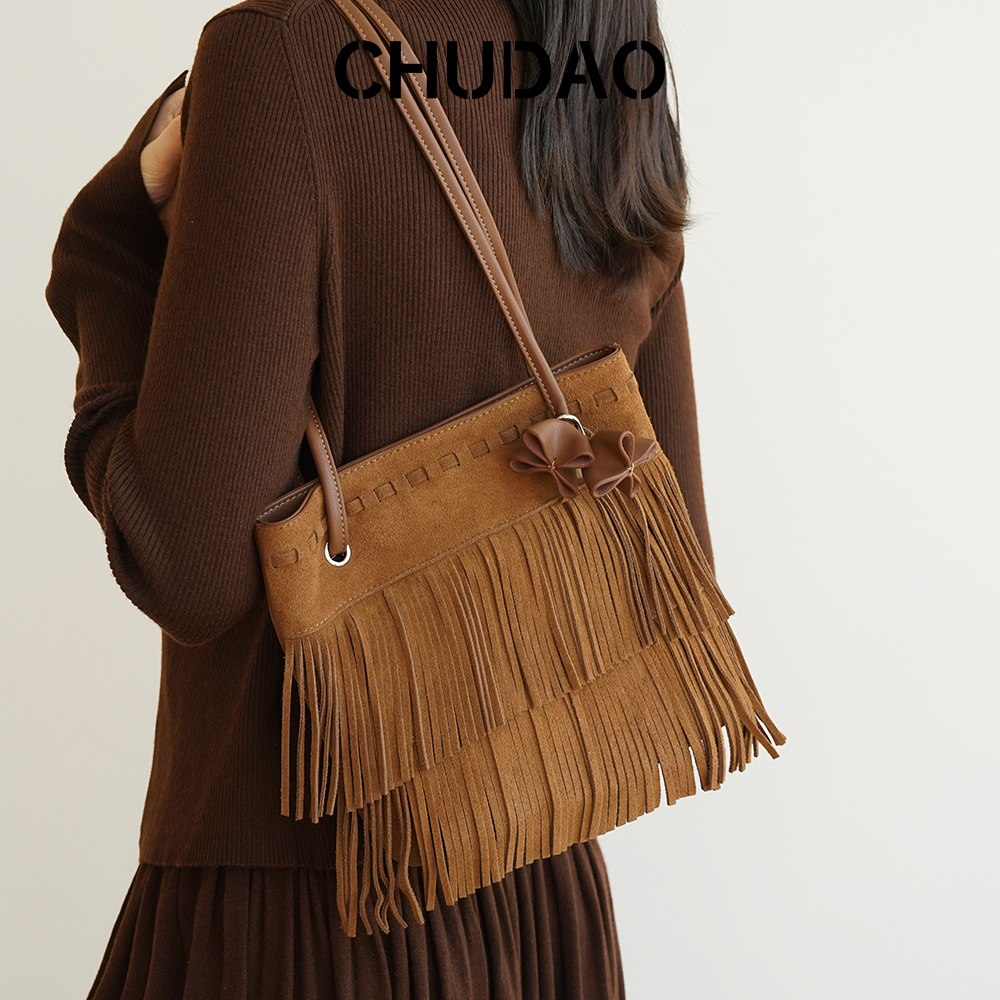CHUDAO 新款流苏磨砂真皮托特包女麂皮时髦个性牛皮包单肩斜挎包