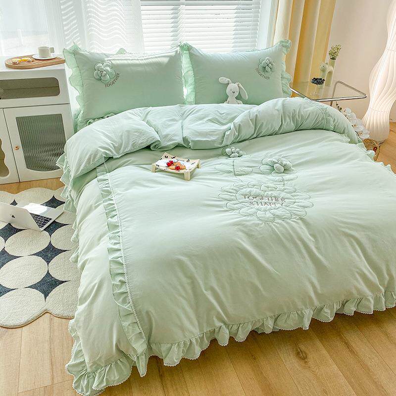 新款全棉水洗棉提花贴布绣四件套纯色纯棉荷叶边公主风床上套件
