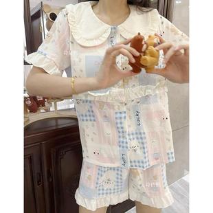 2025年夏季 家居服 带胸垫可爱甜美短袖 三件套睡衣娃娃领开衫