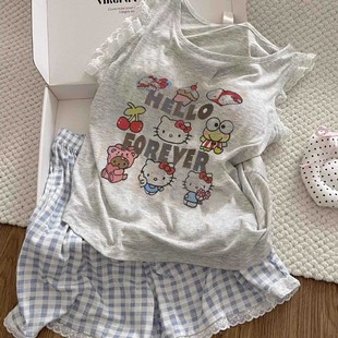 可爱HelloKitty带胸垫睡衣女夏季 家居服 薄款 休闲舒适格子短裤