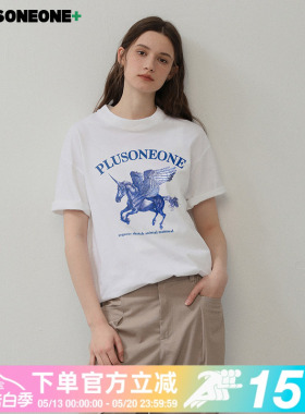 PLUSONEONE+2026新款夏季复古素描飞马座印花圆领宽松落肩T恤