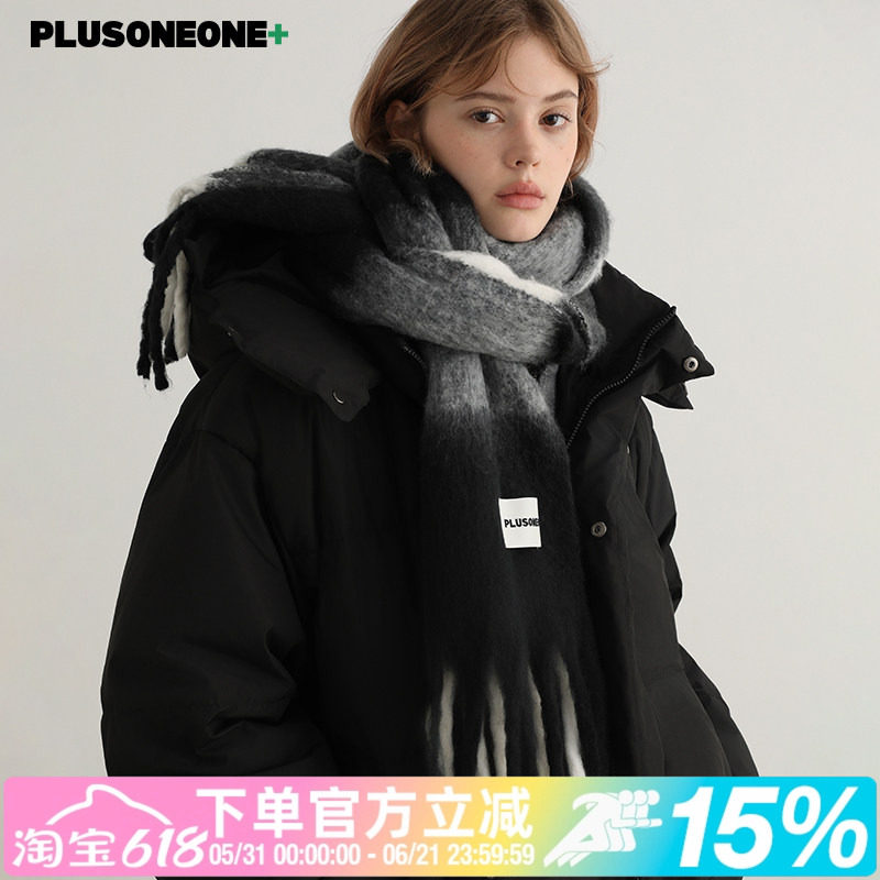 PLUSONEONE2026新款冬韩系黑白格纹围巾女加厚保暖围脖男披肩两用