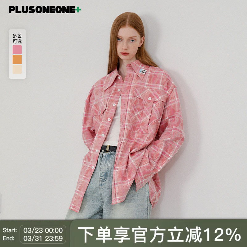 【明星同款】PLUSONEONE原创设计美式加厚格纹长袖衬衫晕染外套女