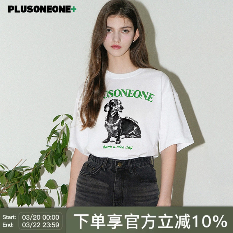 PLUSONEONE夏2026新款白色冰丝索罗娜体恤小狗印花短袖女正肩T恤