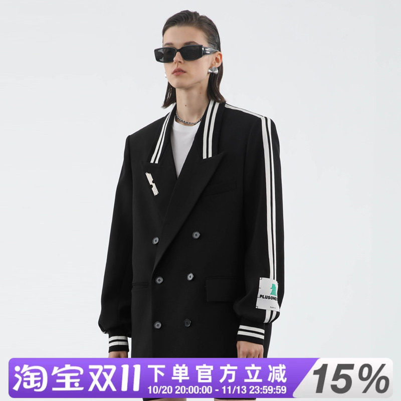 PLUSONEONE+秋季设计感彩色条纹运动感宽松罗纹西装外套上衣男女