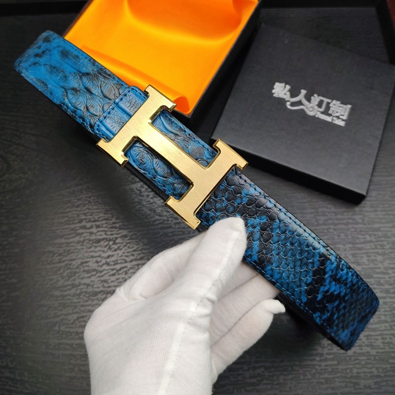 新款铜扣皮带头层牛皮蛇纹皮带男真皮平滑扣H扣百搭商务西裤腰带