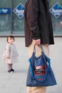 购物袋防水户外通用 EOFO环保袋蓝色飞猫和咖啡杯文艺刺绣图案个性