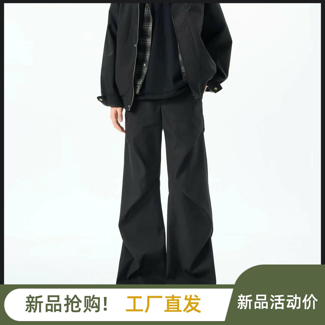 裤男休闲cleanfit阔腿长裤褶皱